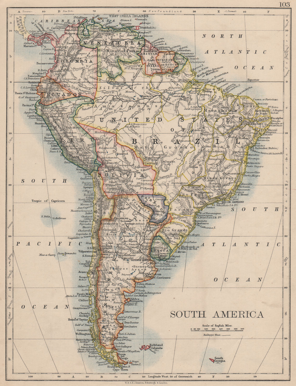 SOUTH AMERICA. Bolivia includes Acre, now in Brazil. JOHNSTON 1895 old map